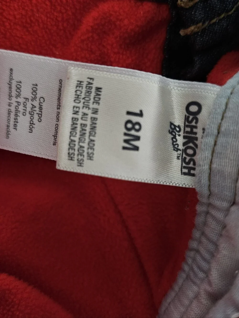 OshKosh B'gosh Baby Overalls 18M Denim Fleece Lined Red Blue Jean Classic Bib
